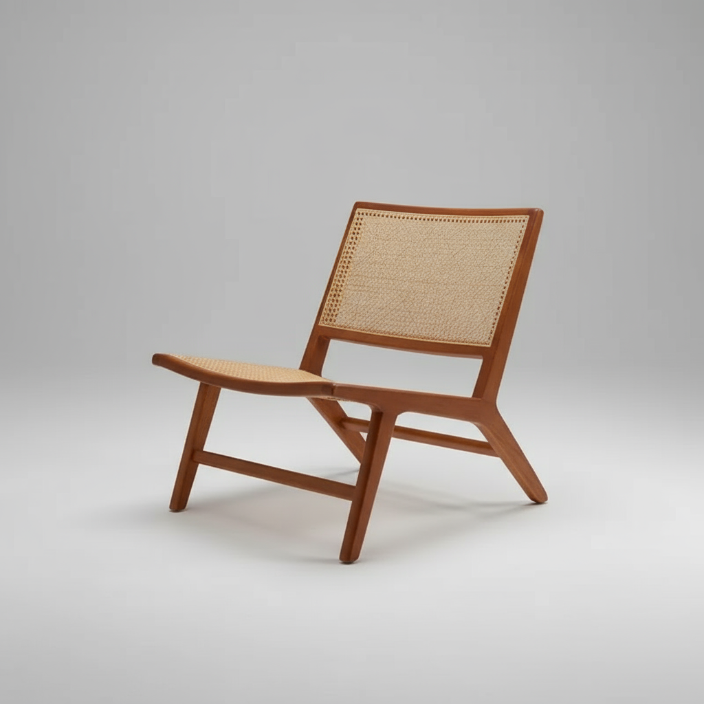 Natural Rattan Lounge Chair – Mid-Century Wooden Frame Design