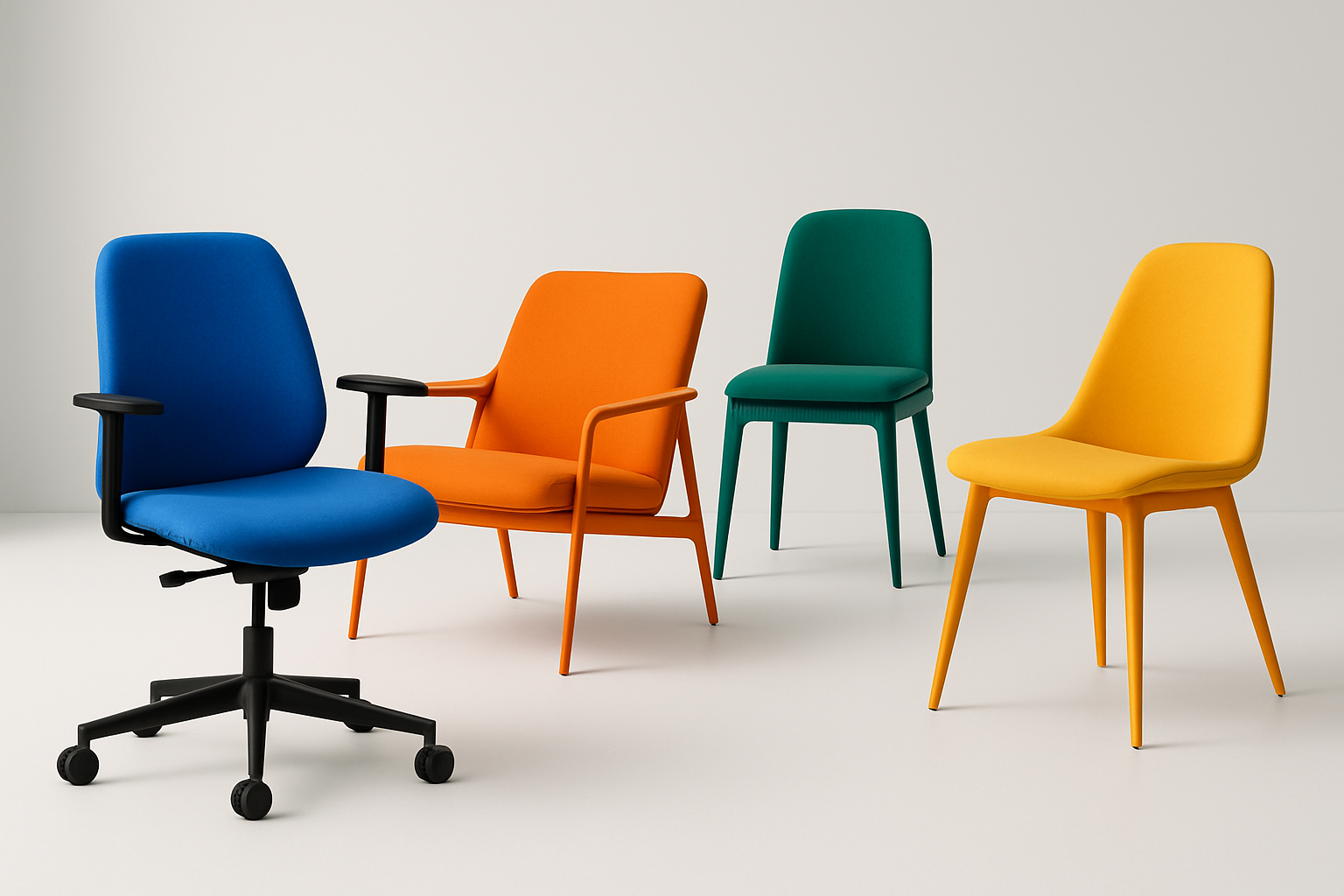 GENERATE A VIDEO OF MULTIPLE CHAIRS MODERN VIBRANT MINIMALIST OFFOCE LOUNGE AND DINING